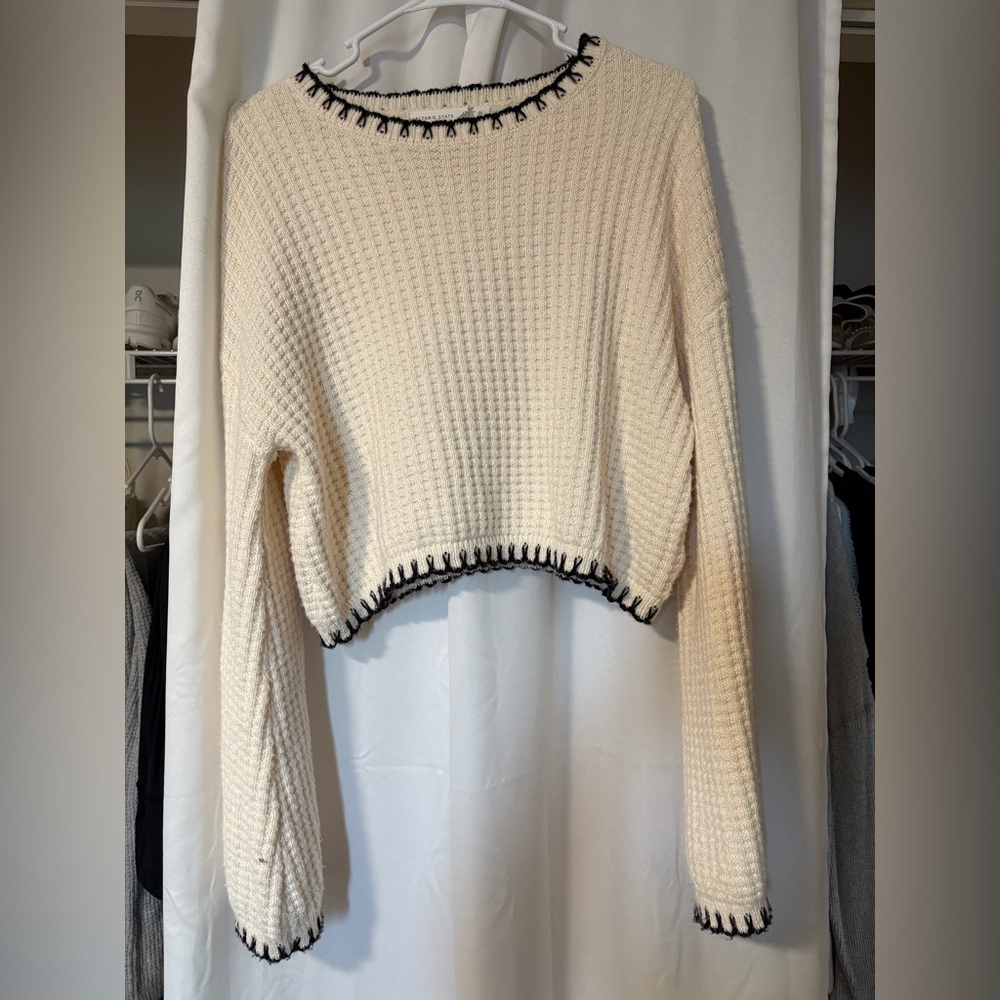 Altar'd State Cream and Black Trim Waffle Knit Sweater